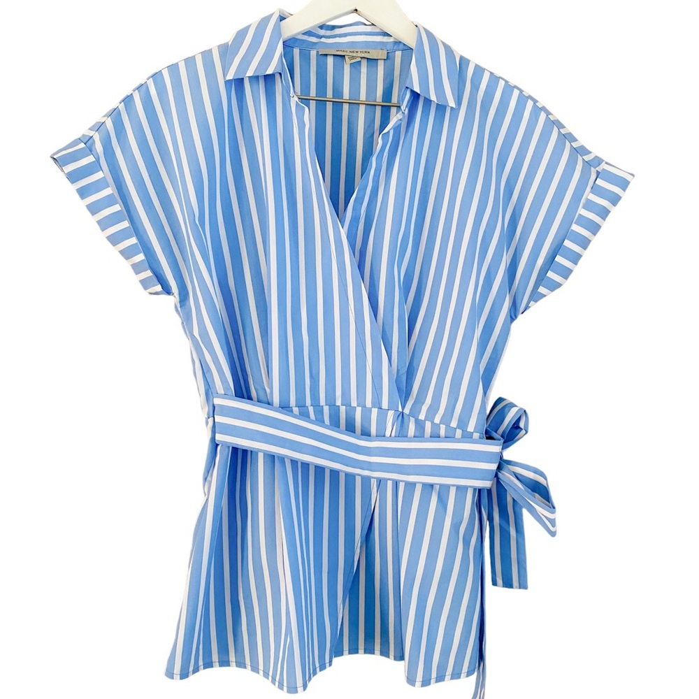 Andrew Marc Marc New York Blue & White Stripe Smocked Faux Wrap Belted Top Small